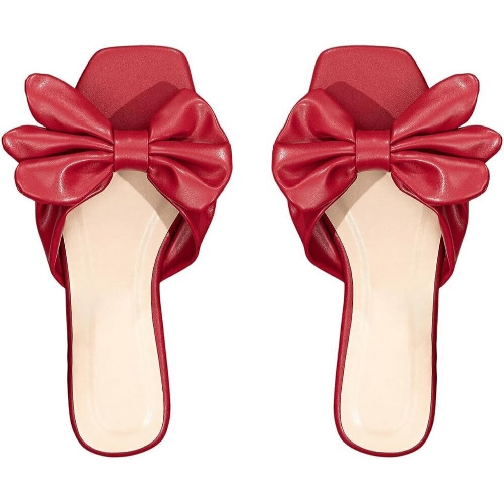 Women's Bow Red Square Open Toe Breathable Slip On Slide Sandals Flat Shoes